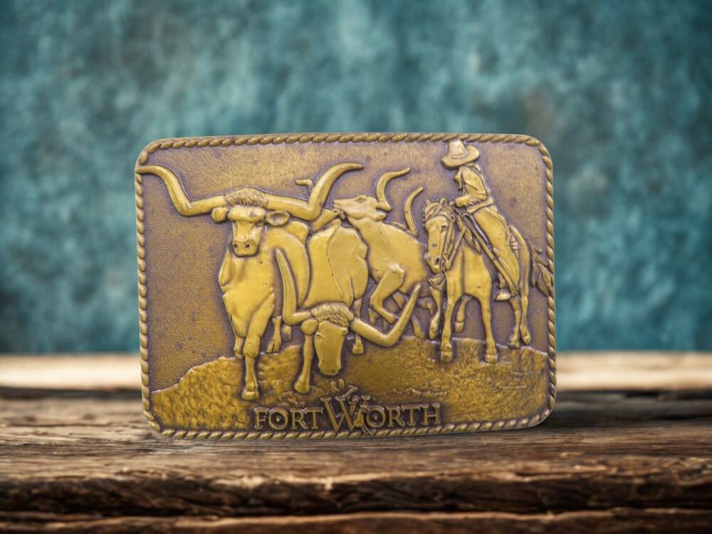 Vintage Fort Worth Texas Western Brass Belt Buckle Longhorn Cowboy Rope Border